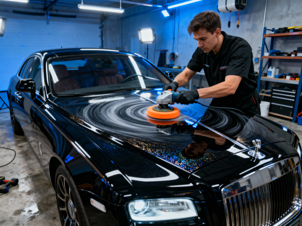 Detailer poleruje czarny samochód – profesjonalna korekta lakieru Darcar Detailing